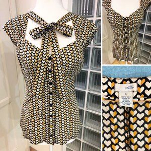 ODILLE | ANTHRO | Heart print silk blouse w sweetheart neckline & accent bow